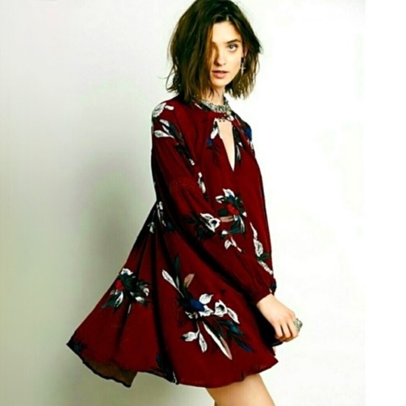 EUC ✵☽Free People☾✵ Red <Electric Orchid> Blue Floral Swing Tunic Dress | Small - Picture 7 of 16